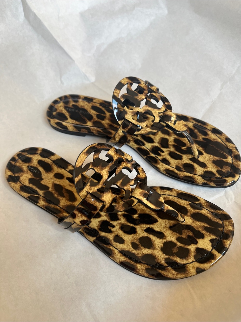 Tory Burch Miller Natural Leopard Patent Leather Sandals Sz 7 M W/ Box